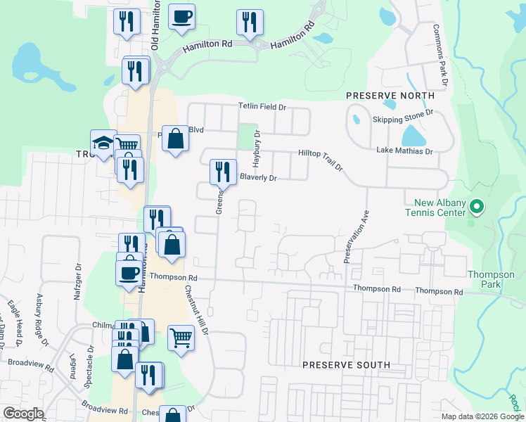 map of restaurants, bars, coffee shops, grocery stores, and more near 4312 Bridgelane Place in New Albany