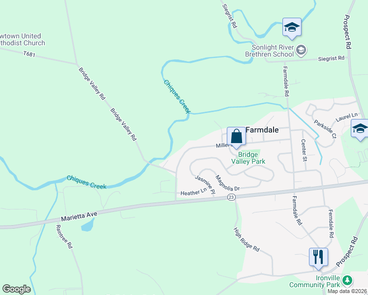 map of restaurants, bars, coffee shops, grocery stores, and more near 4557 Miller Drive in Mount Joy