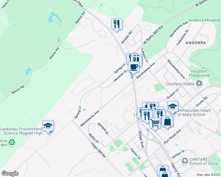 map of restaurants, bars, coffee shops, grocery stores, and more near 640 Hendren St in Philadelphia