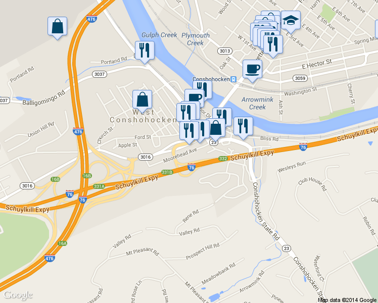 map of restaurants, bars, coffee shops, grocery stores, and more near 146 Moorehead Avenue in Conshohocken