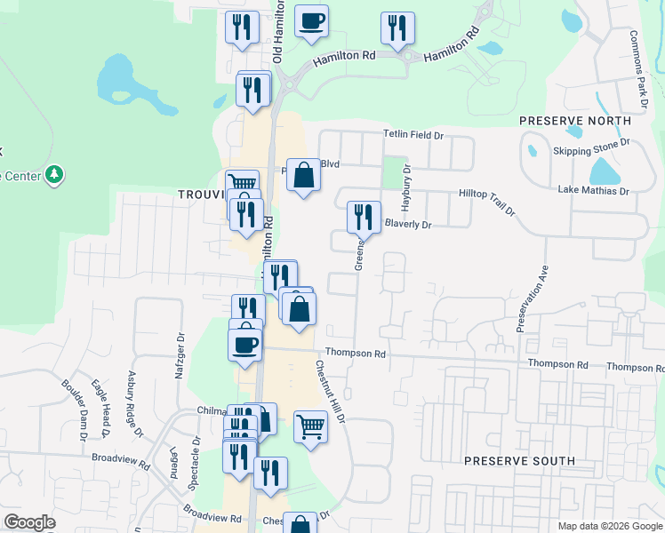 map of restaurants, bars, coffee shops, grocery stores, and more near 5937 Big Cypress Drive in New Albany