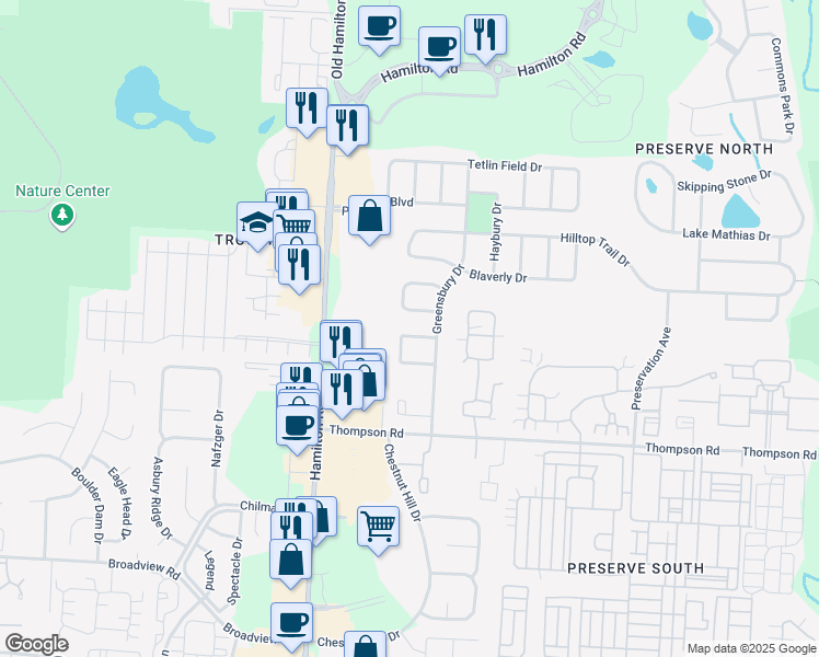 map of restaurants, bars, coffee shops, grocery stores, and more near 5952 Wilderness Drive in New Albany