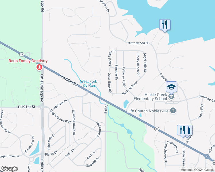 map of restaurants, bars, coffee shops, grocery stores, and more near 19251 Outer Bank Road in Noblesville