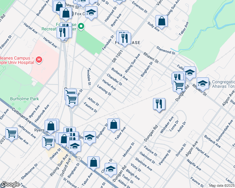 map of restaurants, bars, coffee shops, grocery stores, and more near 1012 Hartel Avenue in Philadelphia