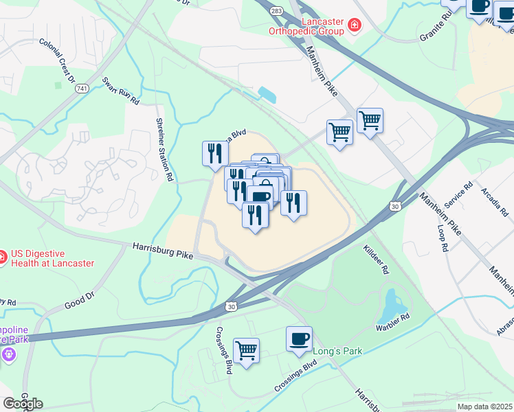 map of restaurants, bars, coffee shops, grocery stores, and more near 1135 Park City Center in Lancaster