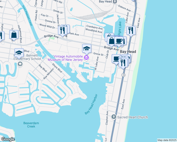 map of restaurants, bars, coffee shops, grocery stores, and more near 67 Bay Point Harbour in Point Pleasant