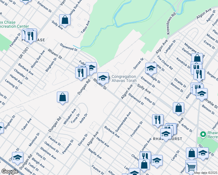 map of restaurants, bars, coffee shops, grocery stores, and more near 1443 Rhawn Street in Philadelphia