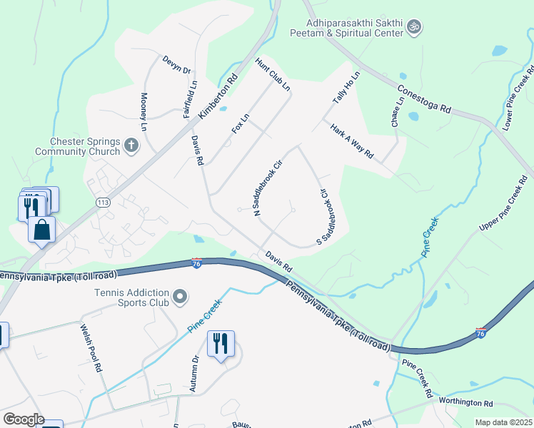 map of restaurants, bars, coffee shops, grocery stores, and more near 404 North Saddlebrook Circle in Chester Springs
