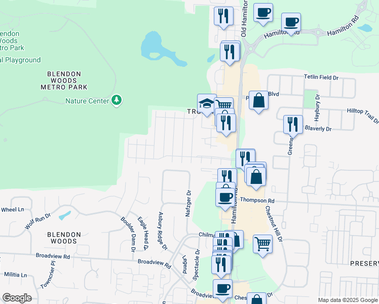 map of restaurants, bars, coffee shops, grocery stores, and more near 5797 Blendon Place Drive in Columbus