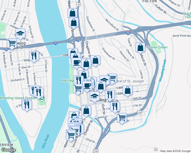 map of restaurants, bars, coffee shops, grocery stores, and more near 75 12th Street in Wheeling