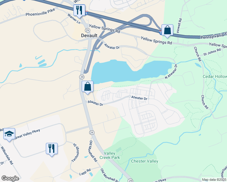 map of restaurants, bars, coffee shops, grocery stores, and more near 1000 Terrain Street in Malvern