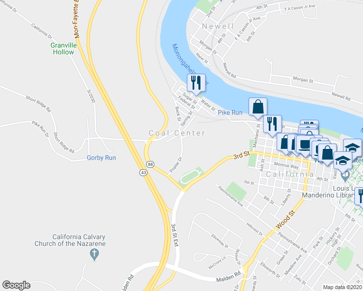 map of restaurants, bars, coffee shops, grocery stores, and more near 155 Poplar Drive in Coal Center