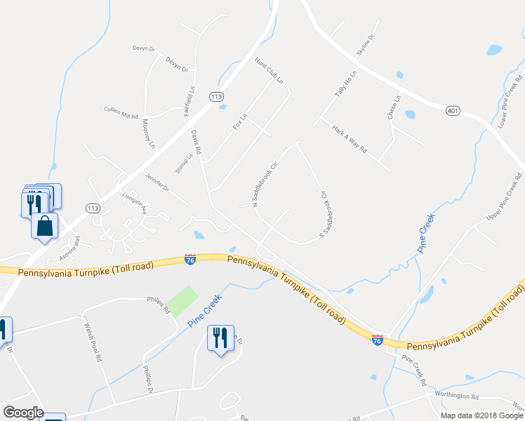 map of restaurants, bars, coffee shops, grocery stores, and more near 404 North Saddlebrook Circle in Chester Springs