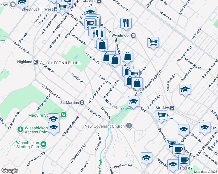map of restaurants, bars, coffee shops, grocery stores, and more near 103 West Moreland Avenue in Philadelphia