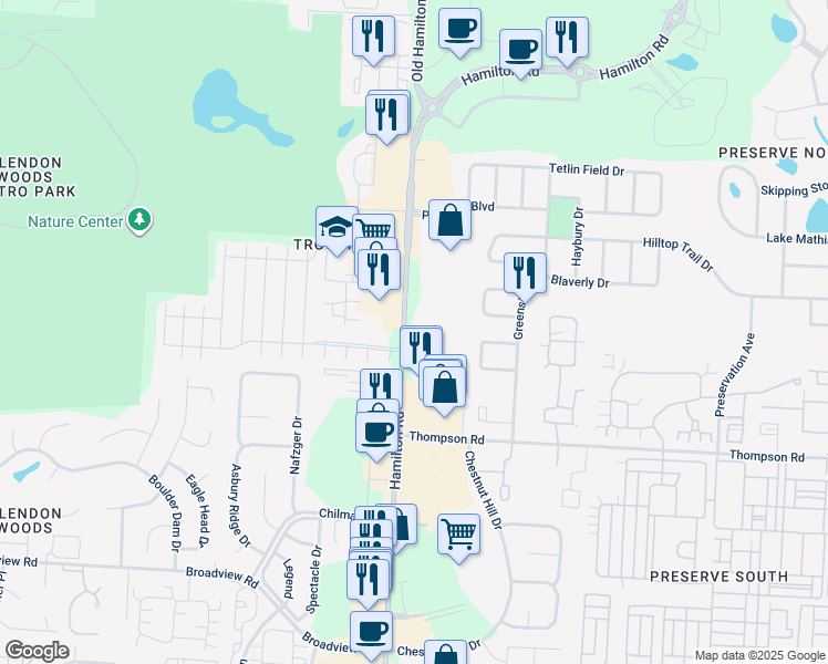 map of restaurants, bars, coffee shops, grocery stores, and more near 5451 North Hamilton Road in Gahanna