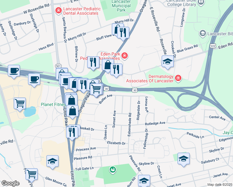 map of restaurants, bars, coffee shops, grocery stores, and more near 303 Butler Avenue in Lancaster
