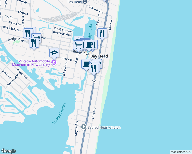 map of restaurants, bars, coffee shops, grocery stores, and more near 530 Main Avenue in Bay Head