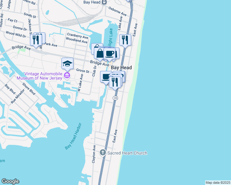 map of restaurants, bars, coffee shops, grocery stores, and more near 530 Main Avenue in Bay Head