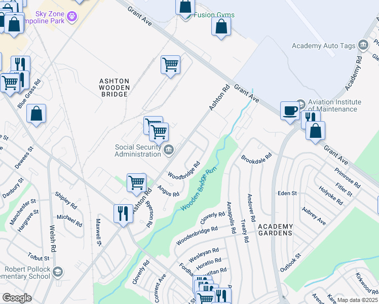map of restaurants, bars, coffee shops, grocery stores, and more near 9475 Ashton Road in Philadelphia