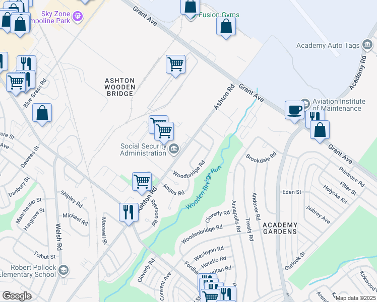 map of restaurants, bars, coffee shops, grocery stores, and more near 9475 Ashton Road in Philadelphia