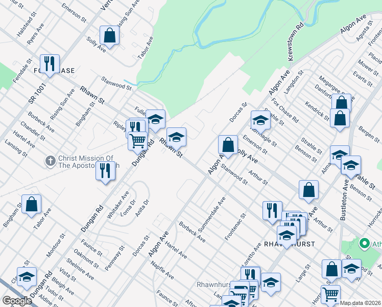 map of restaurants, bars, coffee shops, grocery stores, and more near 1425 Rhawn Street in Philadelphia