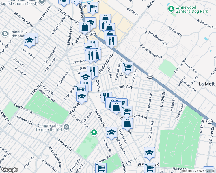 map of restaurants, bars, coffee shops, grocery stores, and more near 7426 Briar Road in Philadelphia