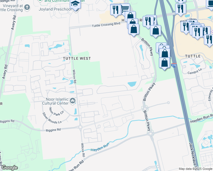 map of restaurants, bars, coffee shops, grocery stores, and more near 4732 Tuttles Woods Drive in Dublin