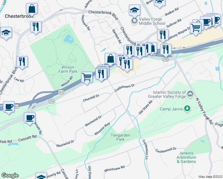 map of restaurants, bars, coffee shops, grocery stores, and more near 967 Contention Lane in Berwyn