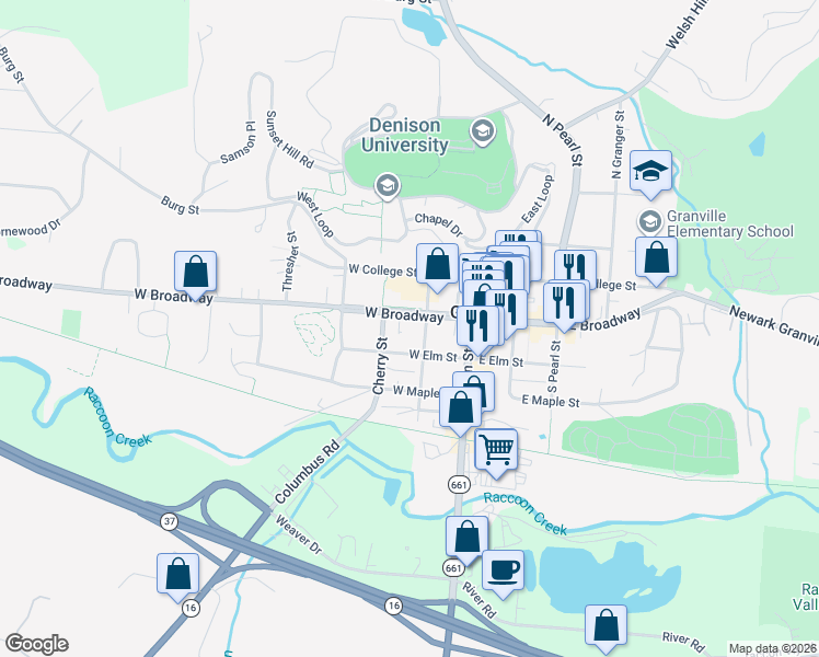 map of restaurants, bars, coffee shops, grocery stores, and more near 215 West Broadway in Granville
