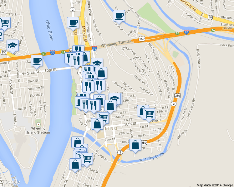 map of restaurants, bars, coffee shops, grocery stores, and more near 12th St & Byron St in Wheeling