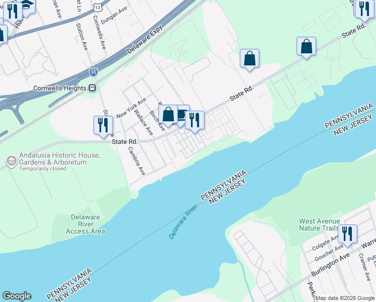 map of restaurants, bars, coffee shops, grocery stores, and more near 121A Hagen Drive in Bensalem