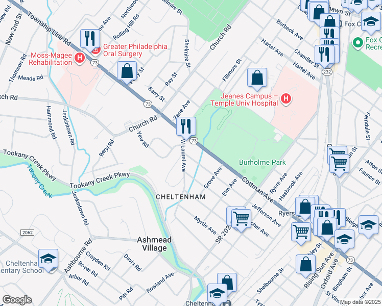 map of restaurants, bars, coffee shops, grocery stores, and more near 551 Jefferson Avenue in Cheltenham Village