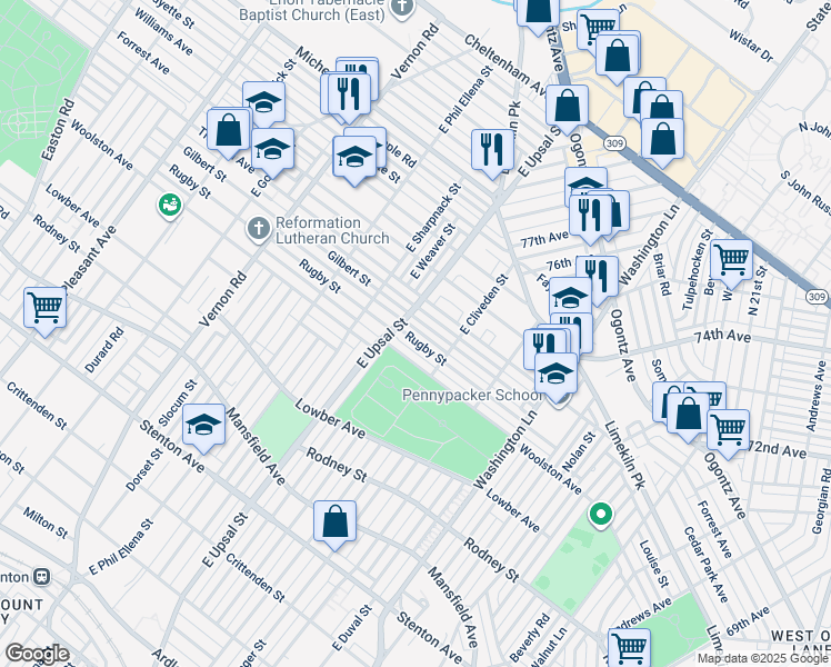 map of restaurants, bars, coffee shops, grocery stores, and more near 7641 Rugby Street in Philadelphia