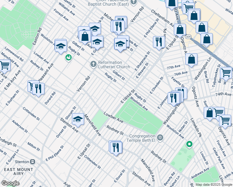 map of restaurants, bars, coffee shops, grocery stores, and more near 7802 Woolston Avenue in Philadelphia