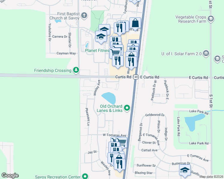 map of restaurants, bars, coffee shops, grocery stores, and more near 101 Misty Cove in Savoy