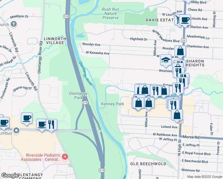 map of restaurants, bars, coffee shops, grocery stores, and more near 384 Olentangy Forest Drive in Columbus