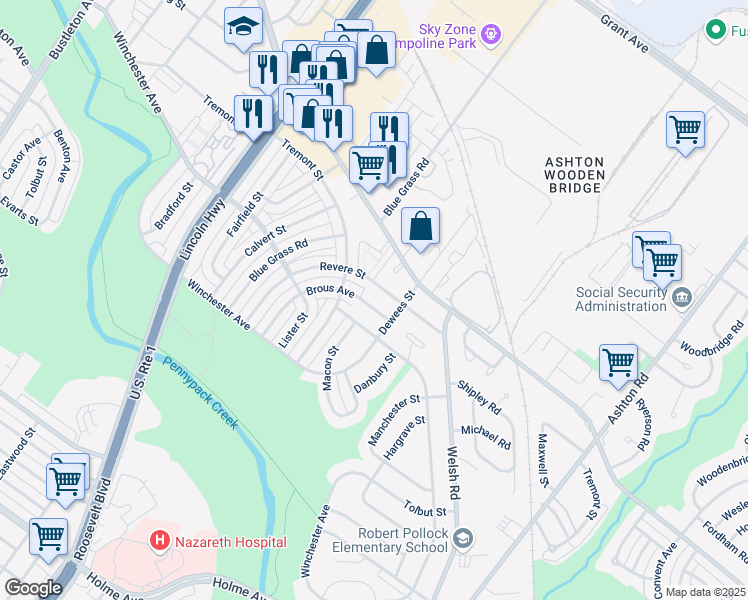 map of restaurants, bars, coffee shops, grocery stores, and more near 9029 Revere Street in Philadelphia