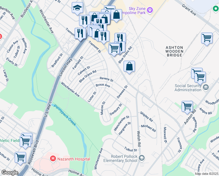 map of restaurants, bars, coffee shops, grocery stores, and more near 9009 Brous Avenue in Philadelphia