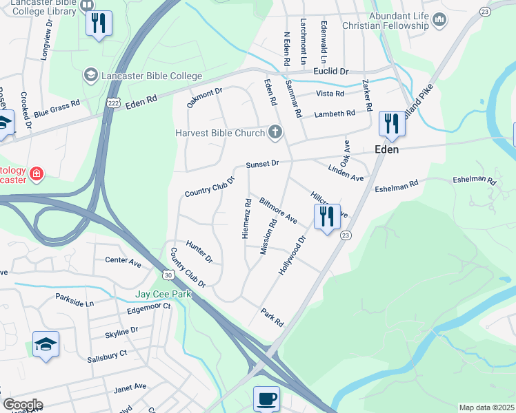 map of restaurants, bars, coffee shops, grocery stores, and more near 1420 Biltmore Avenue in Lancaster