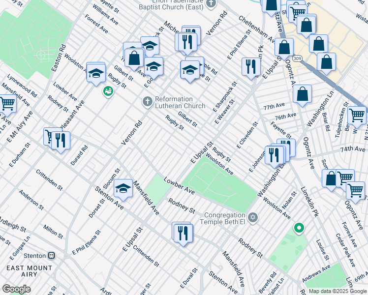 map of restaurants, bars, coffee shops, grocery stores, and more near 7802 Woolston Avenue in Philadelphia