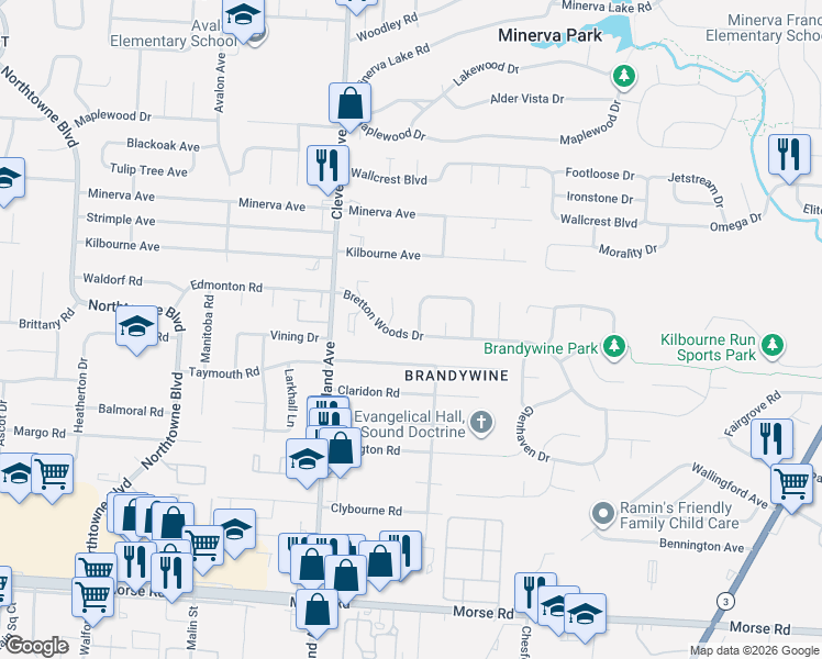 map of restaurants, bars, coffee shops, grocery stores, and more near 4780 Echomoore Drive in Columbus