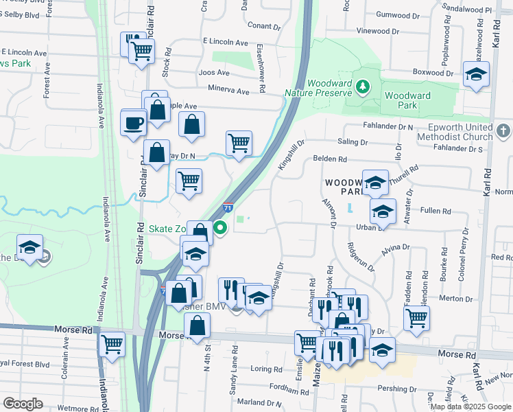 map of restaurants, bars, coffee shops, grocery stores, and more near 4998 Kingshill Drive in Columbus