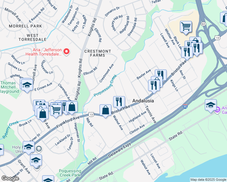 map of restaurants, bars, coffee shops, grocery stores, and more near 1104 Colonial Avenue in Andalusia