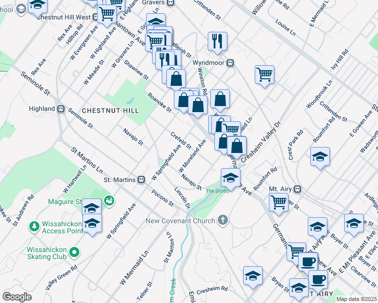 map of restaurants, bars, coffee shops, grocery stores, and more near 103 West Moreland Avenue in Philadelphia