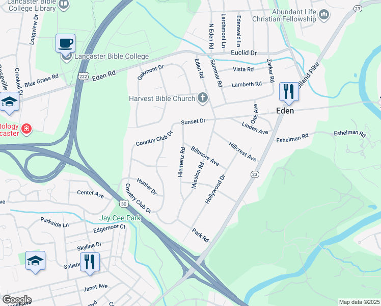 map of restaurants, bars, coffee shops, grocery stores, and more near 1420 Biltmore Avenue in Lancaster