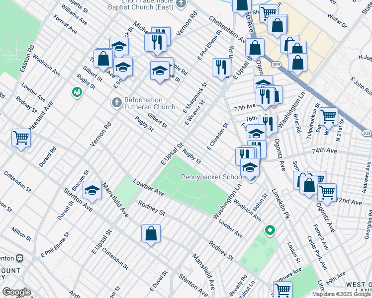 map of restaurants, bars, coffee shops, grocery stores, and more near 7643 Rugby Street in Philadelphia
