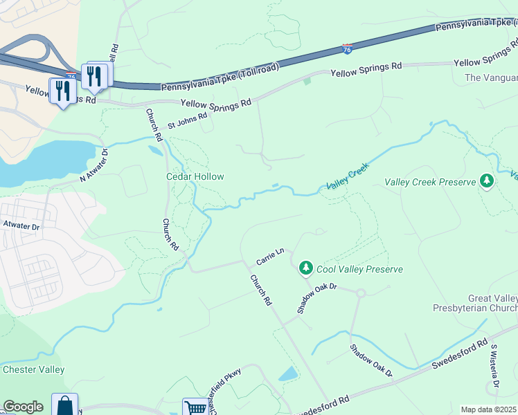 map of restaurants, bars, coffee shops, grocery stores, and more near 2341 Pheasant Hill Lane in Malvern