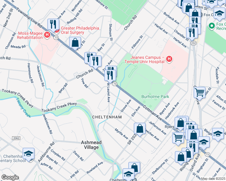 map of restaurants, bars, coffee shops, grocery stores, and more near 551 Jefferson Avenue in Cheltenham Village
