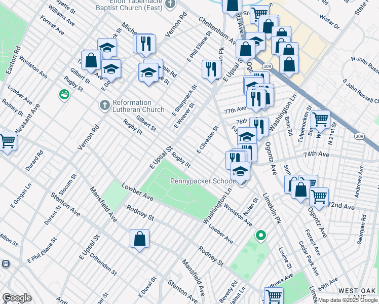 map of restaurants, bars, coffee shops, grocery stores, and more near 7615 Gilbert Street in Philadelphia