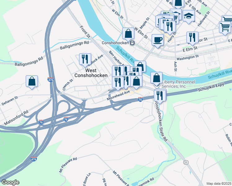 map of restaurants, bars, coffee shops, grocery stores, and more near 146 Moorehead Avenue in Conshohocken